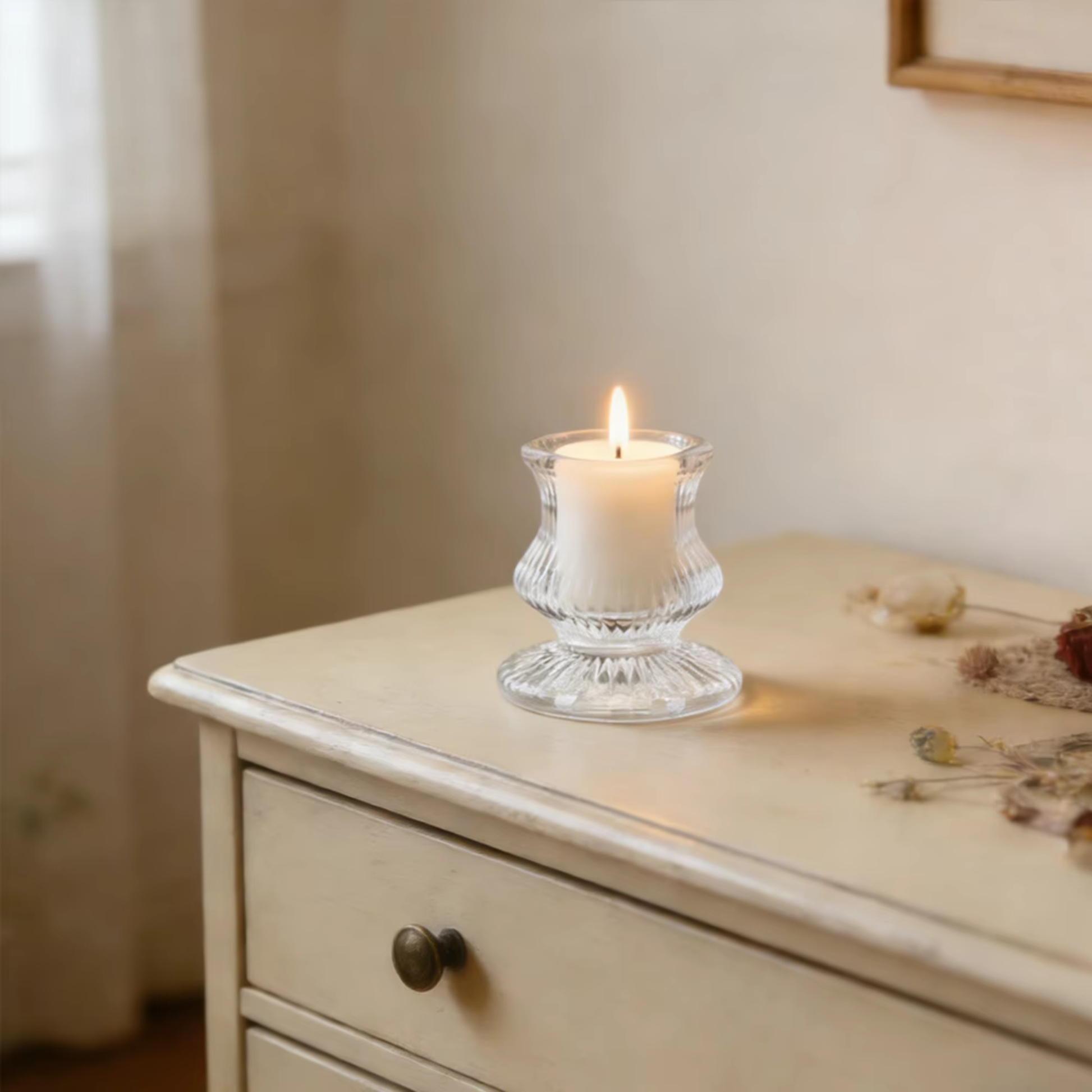 Clear Glass Candlestick Holder 6cm - Ribbed Design