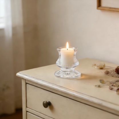 Clear Glass Candlestick Holder 6cm - Ribbed Design