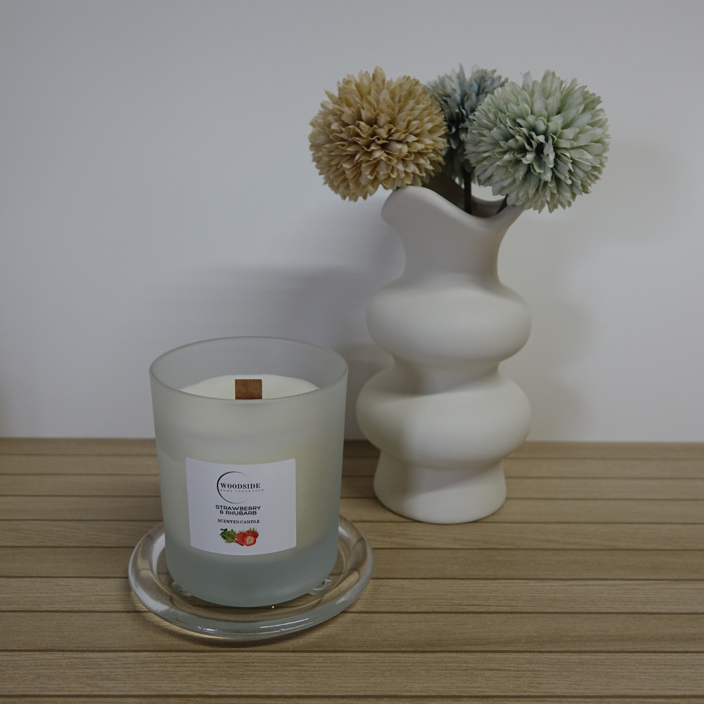 Woodside Home Fragrance Wooden Wick Glass Scented Candle - Strawberry & Rhubarb 