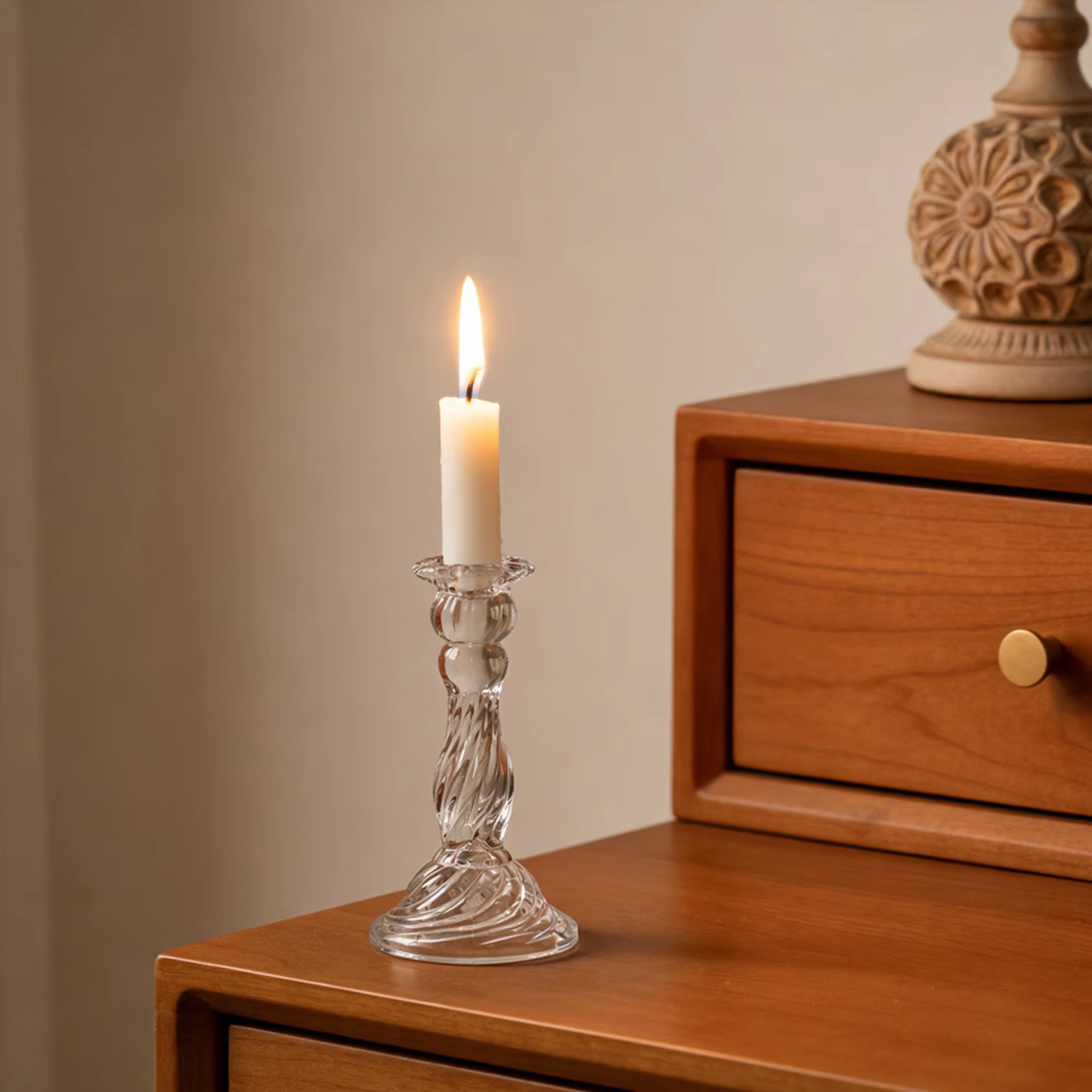 Glass Dinner Candle Holder - Swirl Design (16cm)