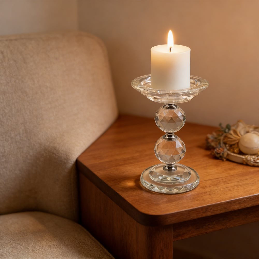 Glass Pillar Candle Holder Crystal Ball Design - Various Sizes