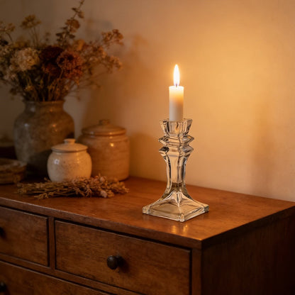 Glass Dinner Candle Holder - Square Base Design (15.5cm)