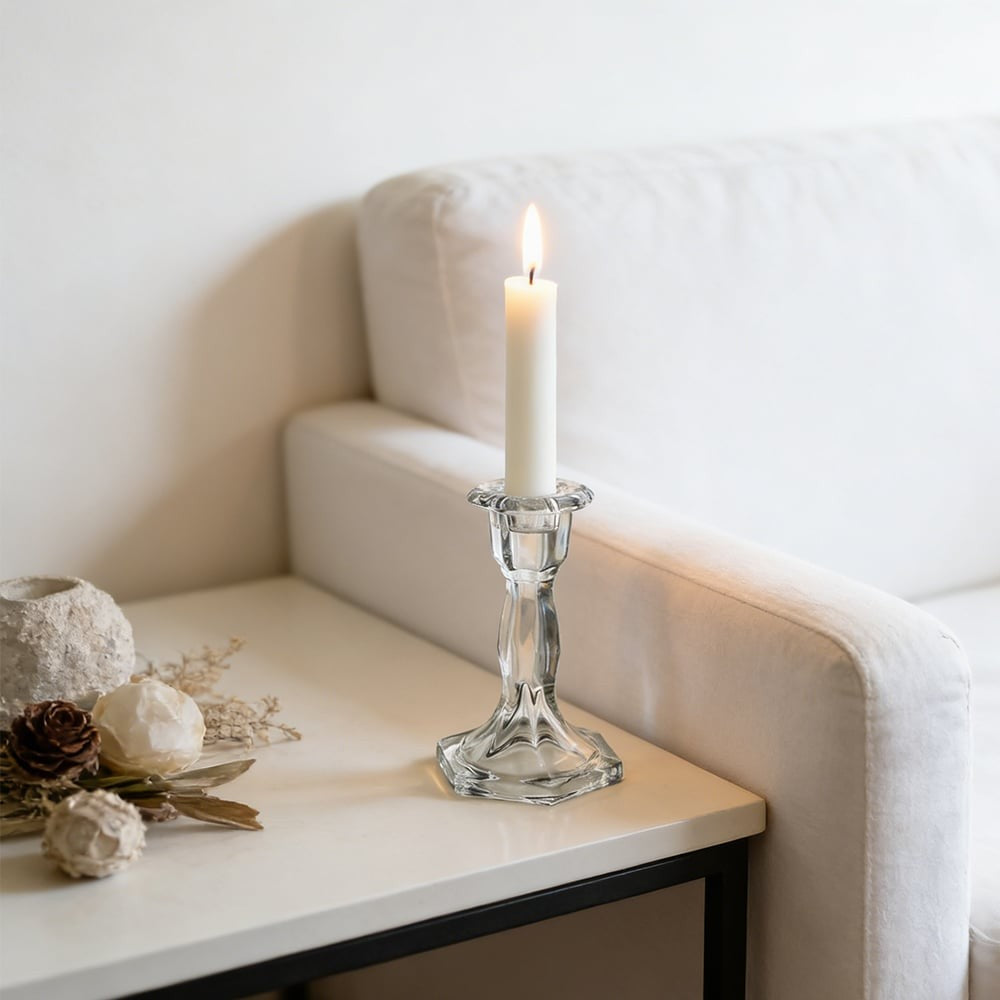 Glass Dinner Candle Holder - Hexagon Base Design (16cm)